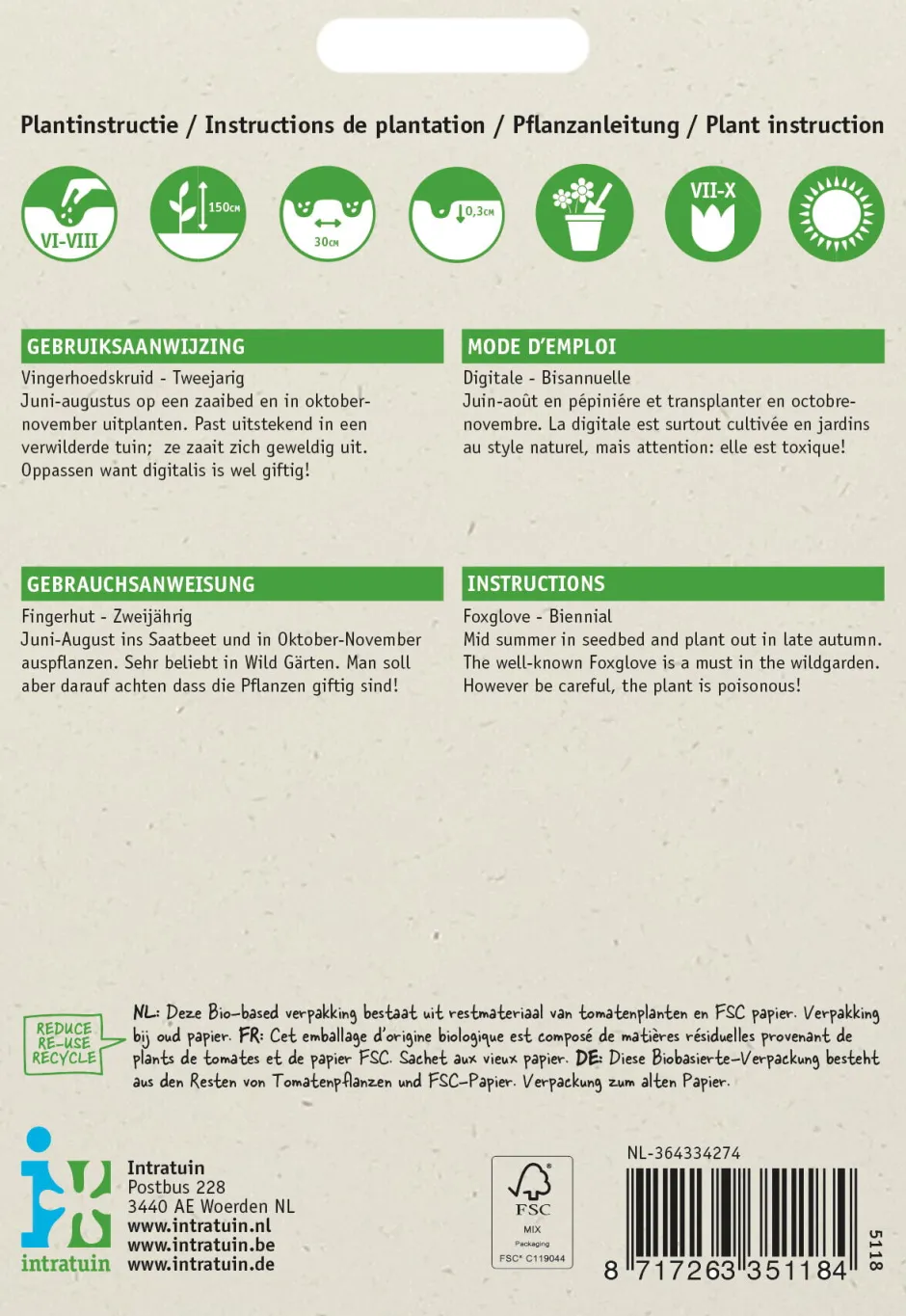 Intratuin Fingerhut (Digitalis pupurea 'Gloxiniiflora') Blumensamen| Saatgut|Blühende Pflanzen