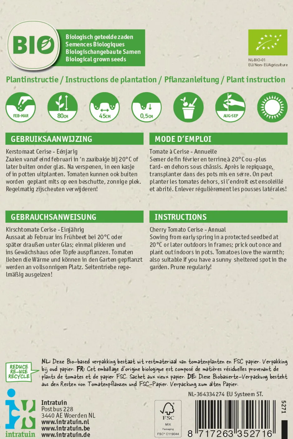 Intratuin Kirschtomate (Solanum lycopersicum 'Cerise') (BIO) Samen| Gemüsesamen|Saatgut