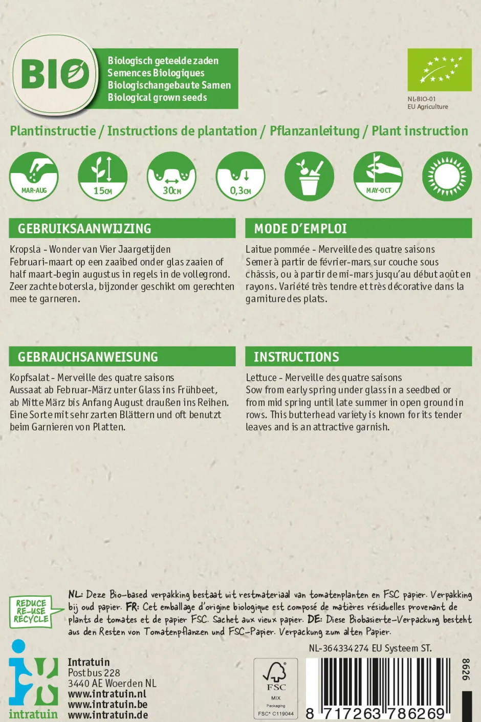 Intratuin Kopfsalat (Lactuca sativa 'Merveille des quatre saisons') (BIO) Samen| Gemüsesamen|Saatgut