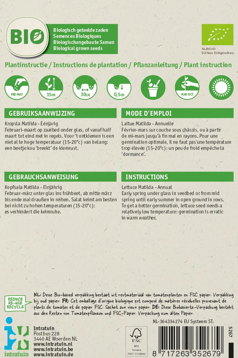 Intratuin Kopfsalat (Lactuca sativa 'Hilde') (BIO) Samen| Gemüsesamen|Saatgut