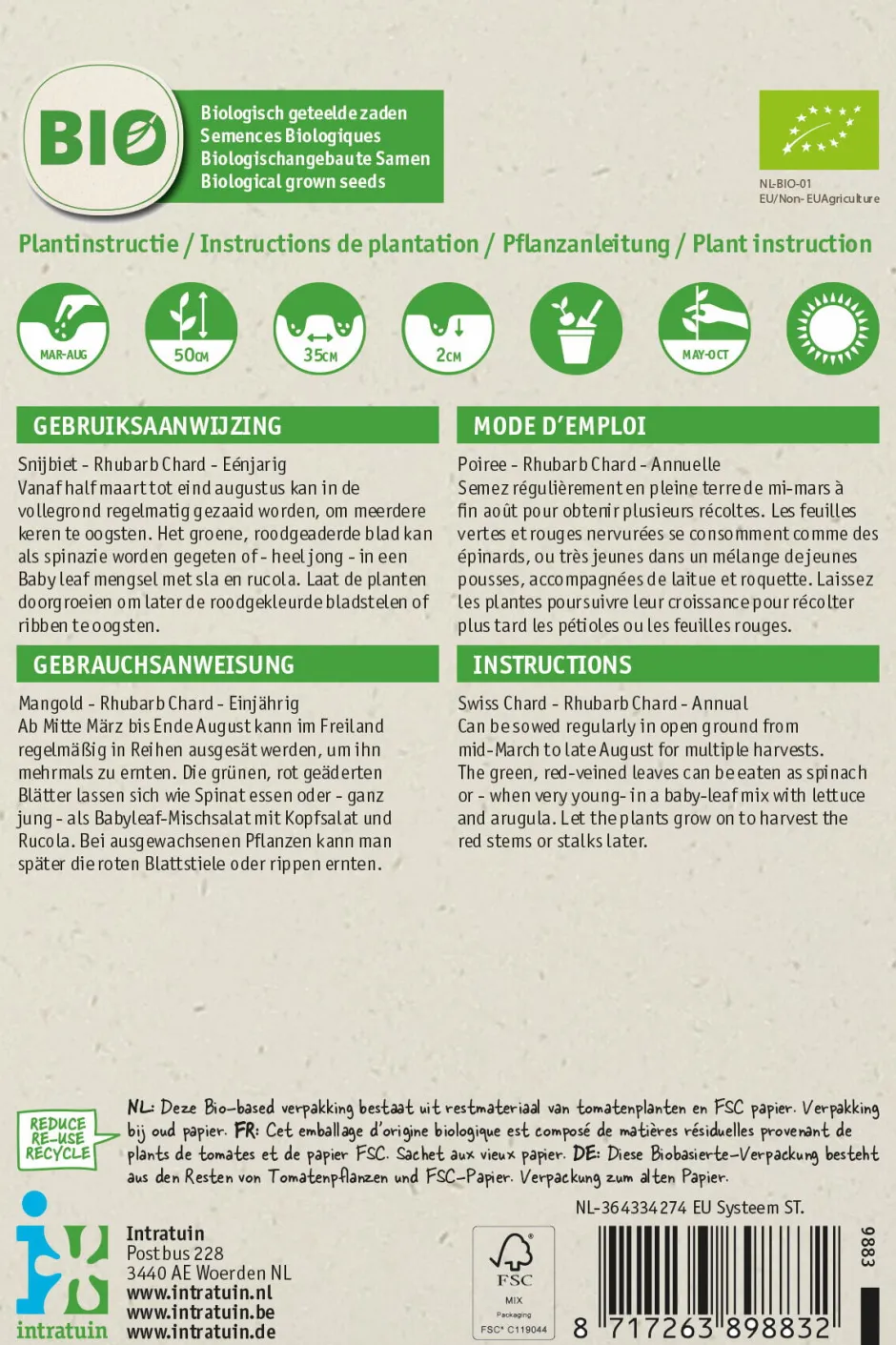 Intratuin Mangold (Beta vulgares 'Rhubard Chard') (BIO) Samen| Gemüsesamen|Saatgut