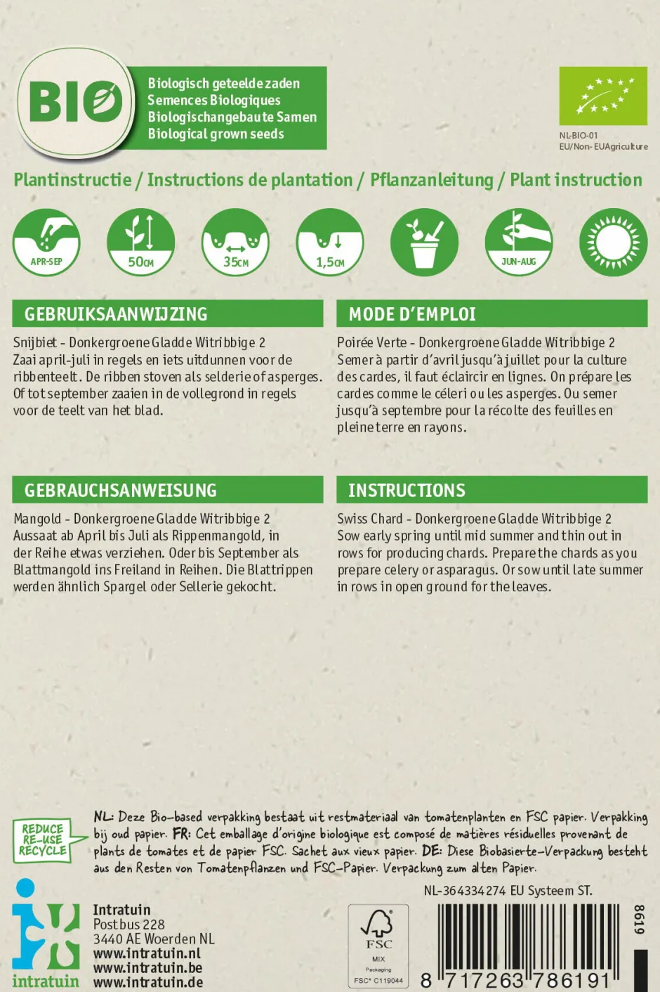 Intratuin Mangold (Beta vulgaris 'White Silver') (BIO) Samen| Gemüsesamen|Saatgut