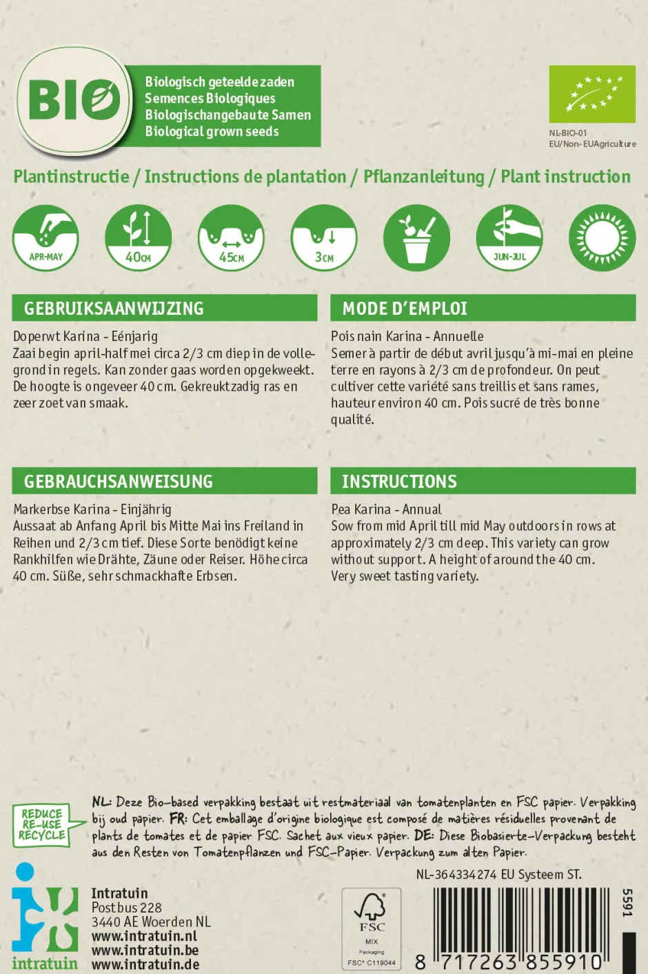 Intratuin Markerbsen (Pisum sativum 'Karina') (BIO) Samen| Gemüsesamen|Saatgut