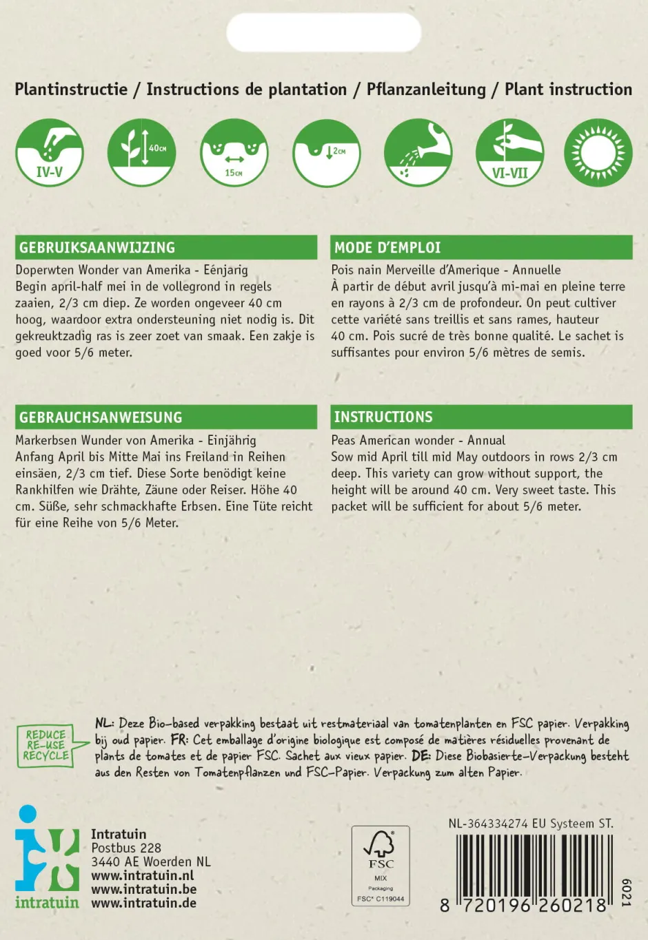 Intratuin Markerbsen (Pisum Sativum 'Wonder van Amerika') Samen| Gemüsesamen|Saatgut