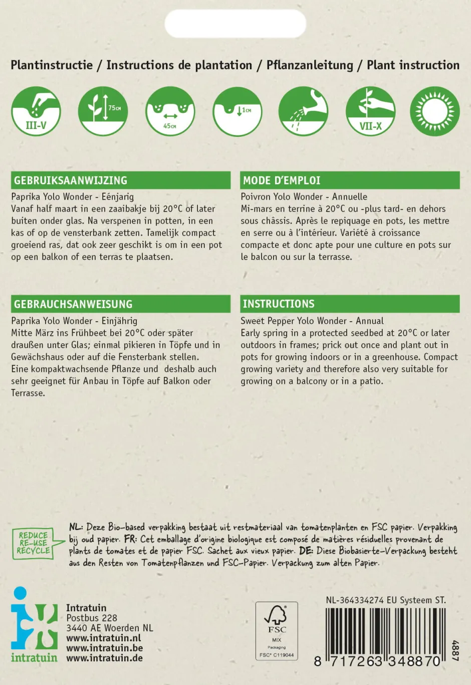 Intratuin Paprika (Capsicum annuum 'Yolo Wonder') Samen| Gemüsesamen|Saatgut