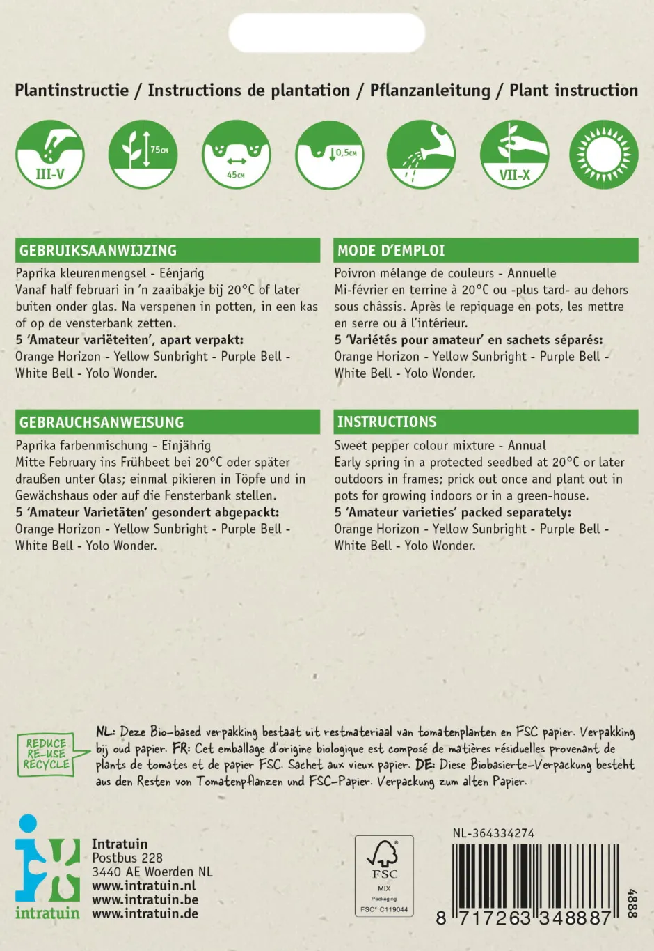 Intratuin Paprika 5-Farben-Mischung (Capsicum annuum) Samen| Gemüsesamen|Saatgut
