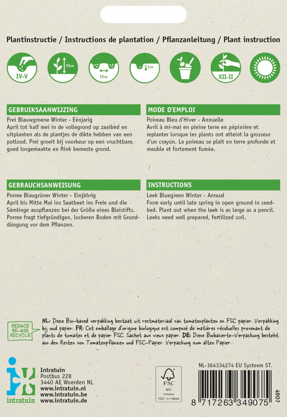 Intratuin Porree (Allium porrum 'Blaugrüner Winter') Samen| Gemüsesamen|Saatgut