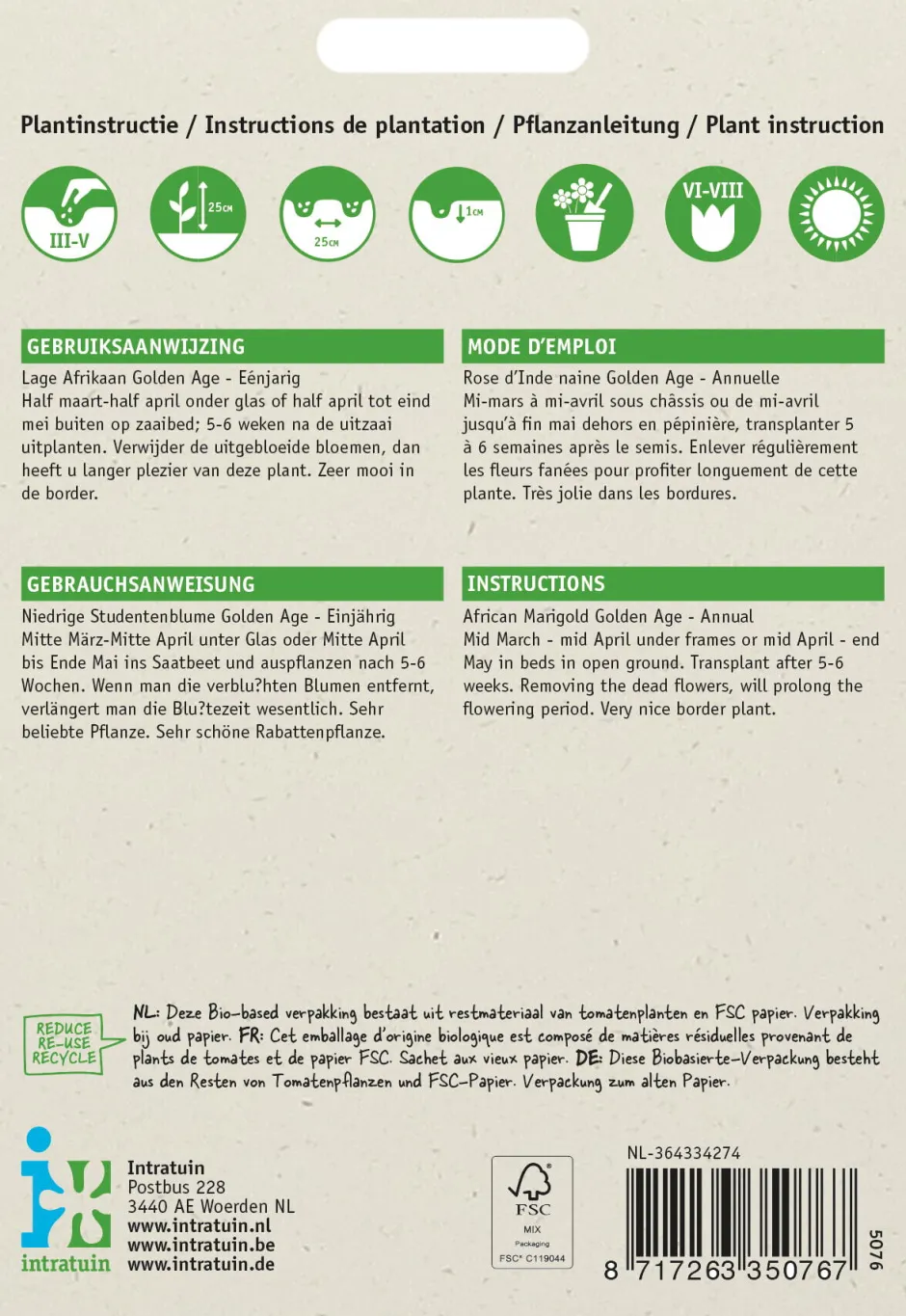 Intratuin Studentenblume gold-orange (Tagetes Golden Age') Blumensamen| Saatgut|Blühende Pflanzen