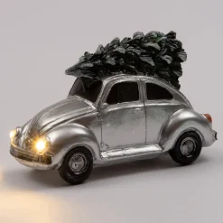 Intratuin Weihnachtsdorf Auto Beetle mit Weihnachtsbaum silber 11 x 5,3 x 7 cm| Weihnachtsdorf Figuren & Objekte
