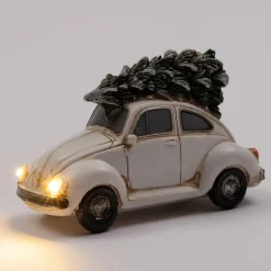 Intratuin Weihnachtsdorf Auto Beetle mit Weihnachtsbaum creme 11 x 5,3 x 7 cm| Weihnachtsdorf Figuren & Objekte
