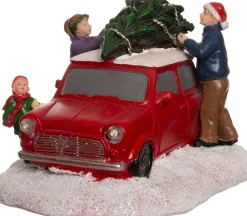 Intratuin Weihnachtsdorf Auto Mini Cooper mit Figuren 14 x 9,3 x 8 cm| Weihnachtsdorf Figuren & Objekte