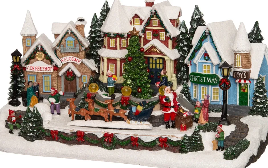 Intratuin Weihnachtsdorf Miniatur mit Rentierschlitten 44 x 25,5 x 23 cm| Weihnachtshäuschen