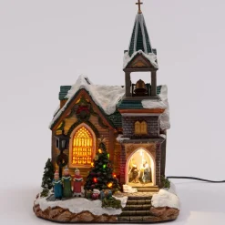 Intratuin Weihnachtshäuschen Kirche mit LED Beleuchtung 22 x 22,5 x 32,5 cm| Weihnachtshäuschen