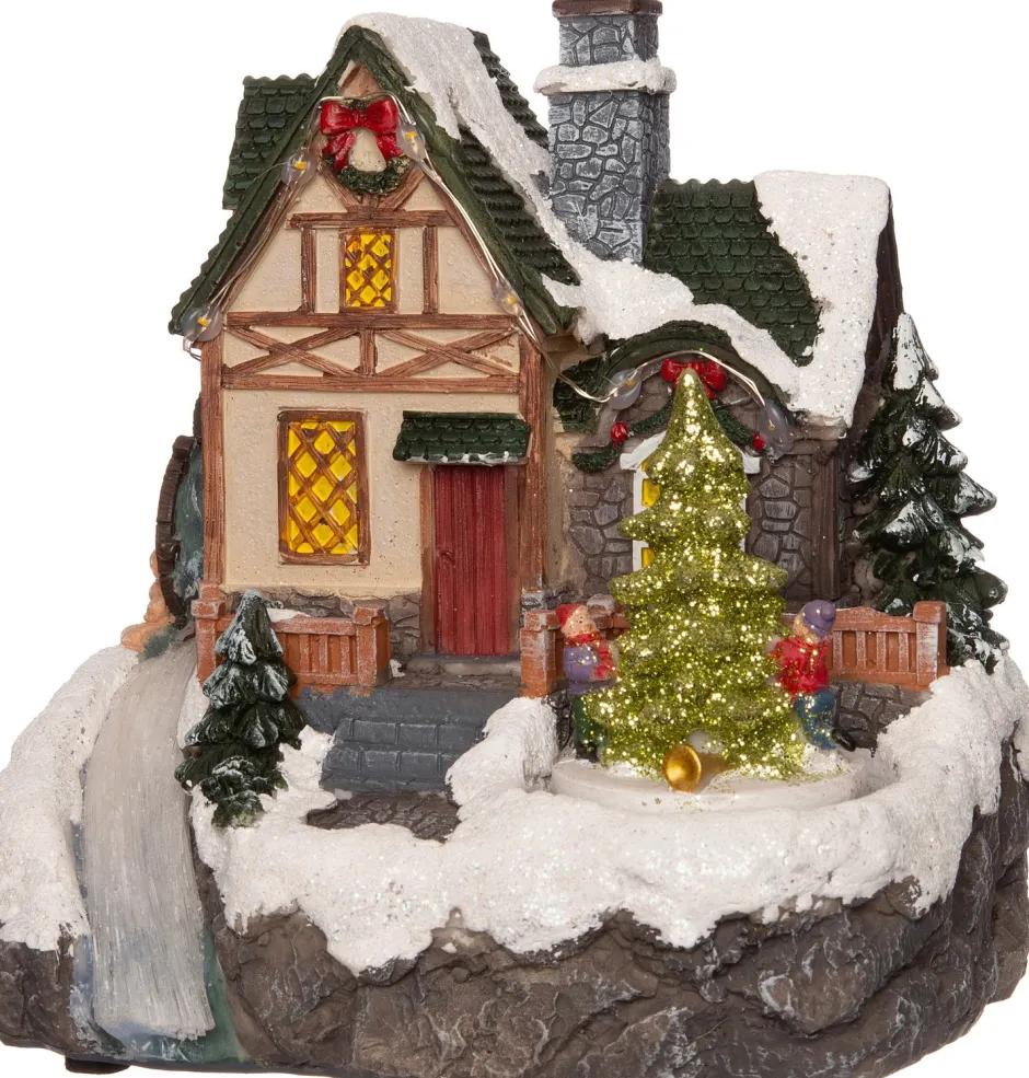 Intratuin Weihnachtshäuschen mit Wasserfall und Weihnachtsbaum 16 x 12,5 x 16 cm| Weihnachtshäuschen