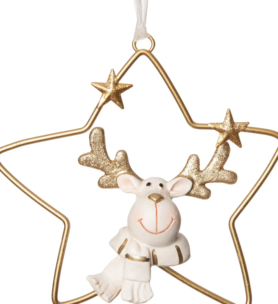 Intratuin Weihnachtsbaumschmuck Rentier mit Sternen gold/weiß 13,5 x 3,5 x 14 cm| Weihnachtskugeln & -Anhänger